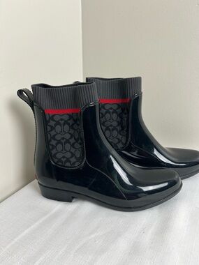 Coach Black Gloss Rain Ankle Boots with Monogram Panels and Red Trim